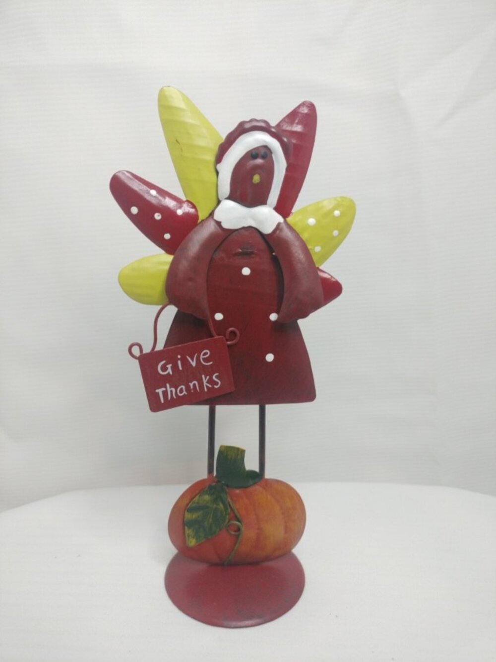 Thanksgiving  Figurine W/Pumpkin Give Thanks  Metal 8"1/2x4" Decor